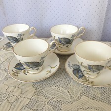 *New* x4 REGENCY (RE21) Footed Tea Cup & Saucer set Blue Floral Yellow Berries