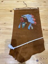 VINTAGE NATIVE AMERICAN DEER SKIN PAINTING WITH PIPE SOUVENIR 24”x12”