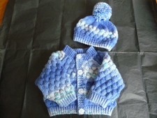Hand Knitted Baby Cardigan & Hat ~ Boy ~ 0 - 3 months ~ Blue