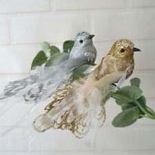 Gold Silver Bird Christmas Tree Decoration & Beautiful Lace Feather Ribbon Tail