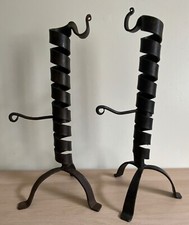 Vintage Iron Candlesticks x2 Raw Wrought Primitive Folk/Spiral Adjustable 13”