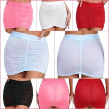 UK Womens Mesh Sheer Transparent Ruched Micro Short Mini Skirt See-through Dress