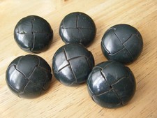 6 Dark Green Leather Covered Football Buttons, Vintage unused (30mm)