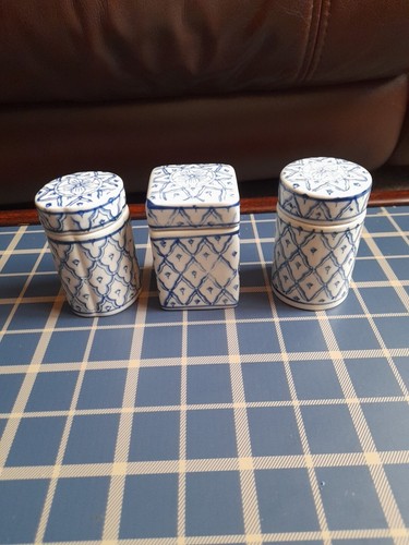 Trio blue white pottery - blue, &