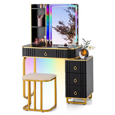 Modern Dressing Table & Stool Set w/Mirror RGB Lights & Charging Station