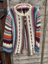 Hand Knitted Cardigan Boho Hippy Peasant Multicolour Stripes Flared Sleeves M
