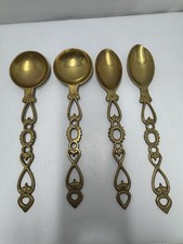Set of 4 Vintage Brass Spoons with Intricate Cutout Handles