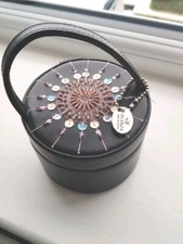 Black Leather Round Jewellery Case & Mirror 10cm Gift Travel