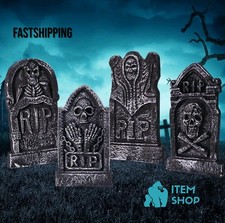 Foam RIP Graveyard Tombstones 4 Pack & 8 Metal Stakes for Halloween Decorations