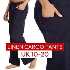 Ladies Linen Cargo Trousers Long Bottoms Summer Lightweight Holiday Pants 10-20