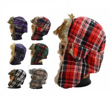 CLEARANCE Men Women Russian Winter Warm Trapper Aviator Hat Tartan Print Fur UK