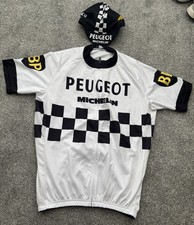 PEUGEOT Michelin Size XL Black/White Cycling SS Jersey & Matching Cap Excellent 
