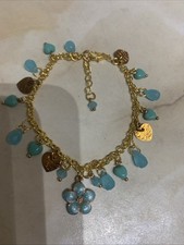 Beautiful Brand New Blue Flower & Leaf Gold Plated Charm Bracelet
