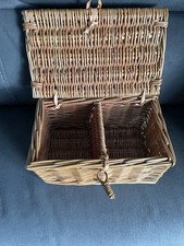 Vintage 2 Section Wicker Basket Hinged Lid Storage Rectangle Boho Box