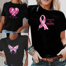 UK Breast Cancer Awareness Pink Ribbon T-Shirts Women Crew Neck Fitted Tee Shirt