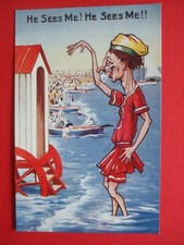 Old Comic postcard BEACH HUT BATHING MACHINE UGLY LADY HE SEES ME CROWDED BEACH