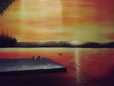 sunset lake boat large oil painting canvas orange contemporary original modern