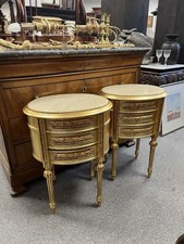 Pair of Oval French Gilt Gilded Marble Top Louis Bedside Lamp Tables 3 Drawers