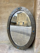 Arts & Crafts/Art Nouveau Pewter & Colored Glass Oval Mirror c 1910