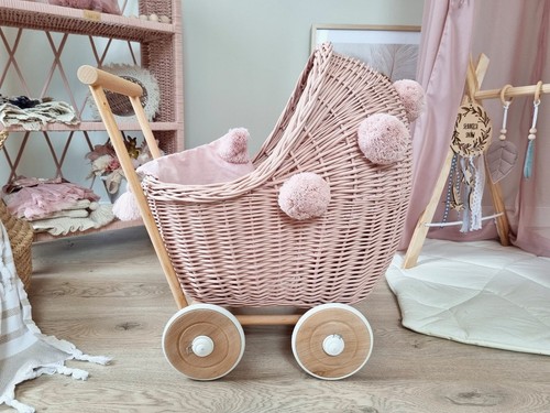 Wicker doll cart pink with - doll,