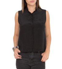 Cropped Silk Shirt Black - Sleeveless Blouse With Pocket Detail - Size S UK 8-10