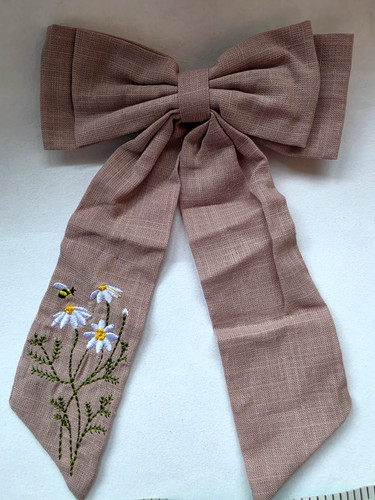 Embroidered linen hair bow - hair,
