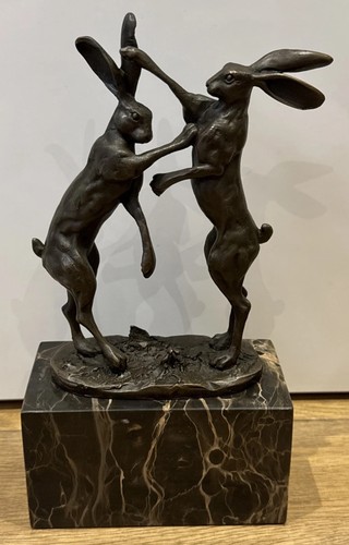 Bronze boxing hares sculpture - hares,