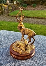 Vintage Brass Stag & Doe Deer Ornament On Wooden Circular Plinth 24.5cm High
