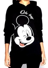 New Womens Disney Mickey Mouse Oh Boy Longline Hoody Jumper Blsck Size M L XL