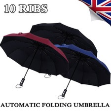 10 Ribs Lightweight Collapsible Umbrella Windproof Push Button Automatic Open UK