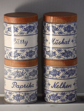 4 SMF Schramberg Pottery Germany Blue & White Delft Style Spice Jars & Wood Lids