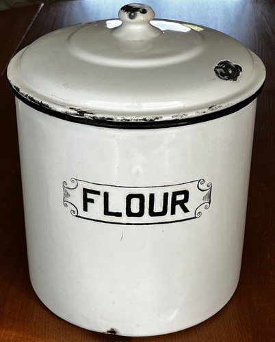Antique enamelled lidded flour - enamelled,