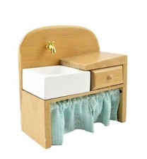 Dolls House Light Oak Sink Unit with Curtain Old Fashioned Kitchen Furniture