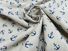 Mini Navy Anchor Fabric Nautical Print Linen Look Home Decor Curtains 140cm Wide
