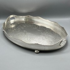 EXTRA LARGE Antique Silver Plated Gallery Butler Serving Tray Bun Feet Cocktail