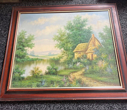 Framed landscape print - landscape, cottage