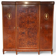 Antique French Burr Maple Breakfront Armoire / Wardrobe with Gilt Urn Medallions