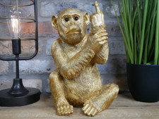 Rude Monkey Ornament Cheeky Gold Animal Statue Middle Finger Up Chimp Sculpture