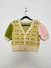 Zara Cardigan Size Large Floral Pink Green Floral Knit Jacquard Cropped