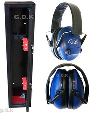 GDK 3 gun cabinet, 3 shotgun safe, with Blue Electronic ear defenders, Ear muffs