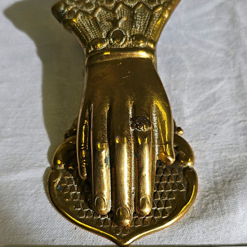Brass hand door knocker - door,
