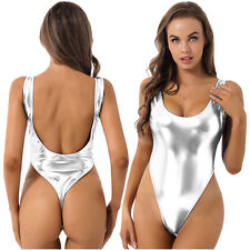 Women Shiny Metallic Leotard High Cut One Piece Bodysuit Thong Bikini Swimwear