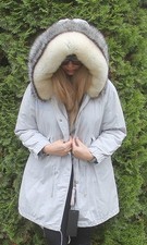 100% Real Ranch Arctic Fox Fur Parka Hood Coat Outwear Fashion Grey S