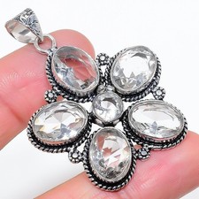 White Topaz Gemstone Handmade 925 Sterling Silver Jewelry Pendant Size 2.5"