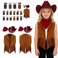 Boys Girls Western Cowgirl Cowboy Outfit Kids Suede Vest with Cowboy Hat Bandana