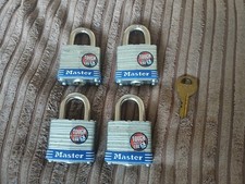 Master Lock Padlock x4 plus Original Key x1 Marked Tough Under Fire. keyed alike