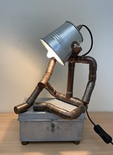 Unique Funky Copper Pipe Man Lamp, Homemade Novelty, Sitting On Storage Box