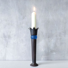 Vintage artisan made jester finial candle holder cast blue glass sphere metal