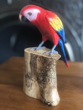 Wooden Parrot Carved Macaw Bird Log Carved Ornament 22cm Painted Bird