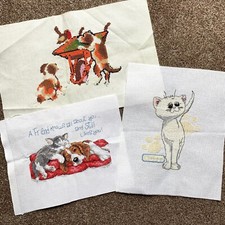 3 Finished Counted Cross Stitch PICTURES CATS DOGS Craft Sewing  FREE P&P F168